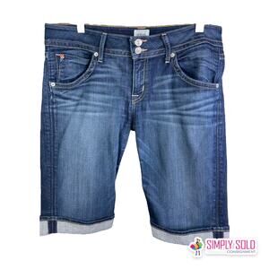 Hudson Women's 32 Palerme Knee Cuffed Bermuda Short Blue Denim Mid-Rise Cotton